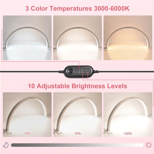 KADS Half Moon Nail & Lash Light - 29In Wide Desk Lamp, 3 Color Temperatures 3000k-6500k, White