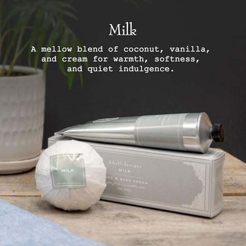 K. Hall Designs Milk Hand & Body Cream, Creamy-Sweet Scent with Coconut & Vanilla, Shea Butter Lotion for Men & Women, Relieves Dry Skin & Cracked Hands, 3.4 fl oz