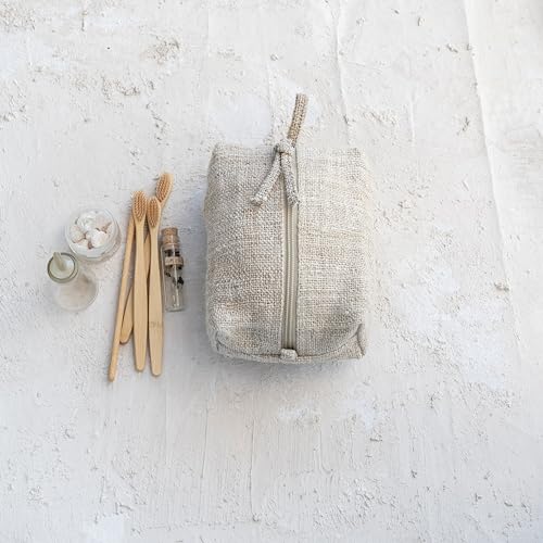 Creative Co-Op Woven Hemp Fiber Zip Pouch with Handle and Cotton Lining, Natural