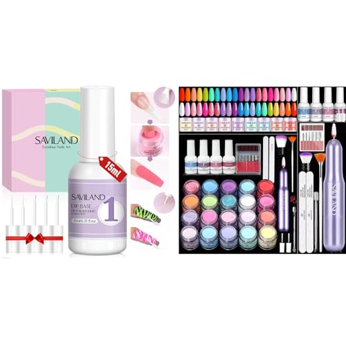 Saviland Dip Powder Base: Vitamin E Ultra Adhesive Dip Foundation Coat for Refill and Dip Powder Nail Kit with Drill - 20 Colors Summer Dip Nails Powder Starter Kit with Everything