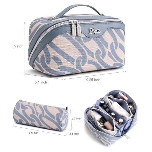 BOYATU Travel Makeup Bag for Women: Large Capacity 3-Piece Cosmetic & Toiletry Organizer - Expands Storage by 50% with 2 Detachable Pouches,Opens Flat for Easy Packing,Waterproof PU Leather(Blue)