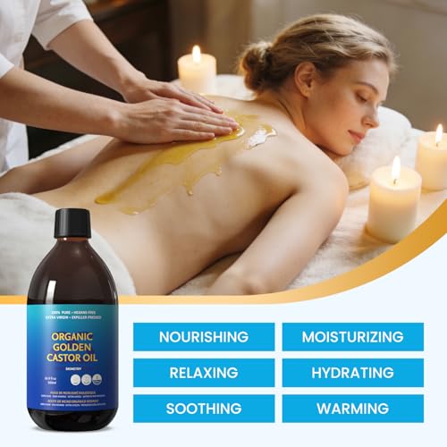 Organic Golden Castor Oil - 100% Pure for Hair, Skin, Nails, Brows & Lashes Deep Hydration & Smoothing Promotes Hair & Brow Growth Makeup Clean- Hexane-Free - USDA Certified [16.9oz (500ml)]