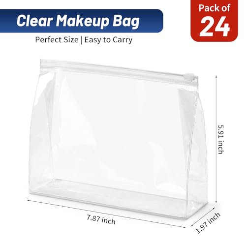 24 PCS Mini Clear Makeup Bags Bulk 7.9" x 5.9"x 2" Small Waterproof Travel Toiletry Bags Plastic Organizer Pouches with Zipper for Cosmetics, Swimsuit, Bikini, Women Men Vacation