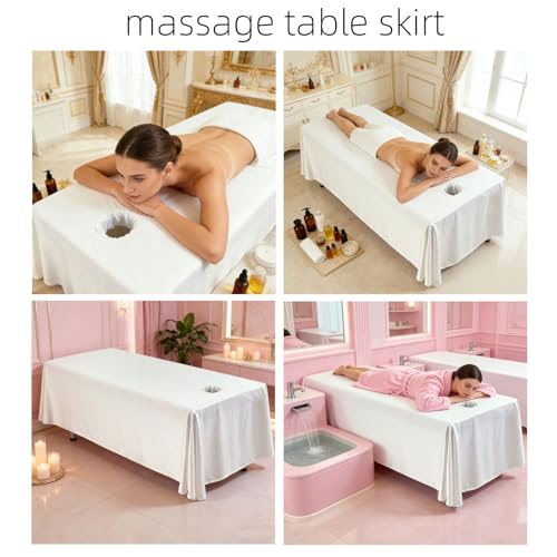Premium Reusable Massage Table Skirt Sheets with Face Hole, Bed Cover Professional Massage Linens Fitted Wax Mat for Esthetician Bed, Stain and Wrinkle-Resistant, Machine Washable (White, 72*118 Inch)