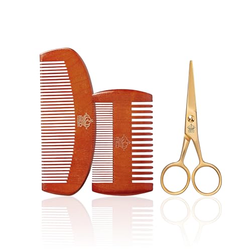 Red by Kiss RED Premium Beard Grooming Kit, 2 Premium Wood Combs & Professional Shear Set for Men, Complete Facial Hair Styling, Maintenance Kit with Ergonomic Design, Easy to Carry