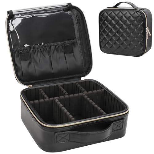 Relavel Makeup Bag, Travel Cosmetic Train Case Organizer Portable Artist Storage Bag with Adjustable Dividers for Cosmetics Makeup Brushes Toiletry Jewelry Digital Accessories Quilted Leather Black