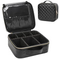 Relavel Makeup Bag, Travel Cosmetic Train Case Organizer Portable Artist Storage Bag with Adjustable Dividers for Cosmetics Makeup Brushes Toiletry Jewelry Digital Accessories Quilted Leather Black