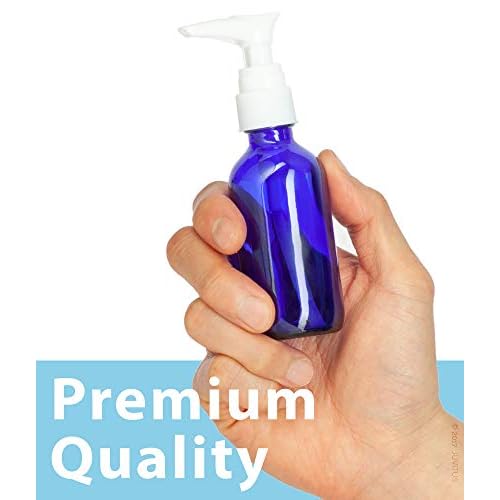 (12 Pack) 2 oz Blue Cobalt Glass Boston Round Bottle with White Lotion Pump