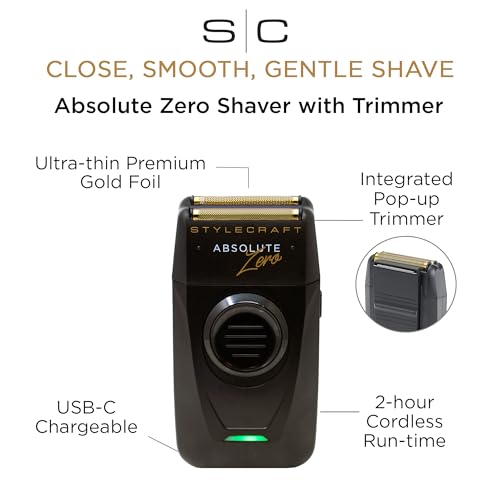 StyleCraft Absolute Zero Foil Shaver ? Close, Smooth Shave with Retractable Precision Trimmer, USB-C, Cord/Cordless, Lightweight & Travel-Friendly, Replacements