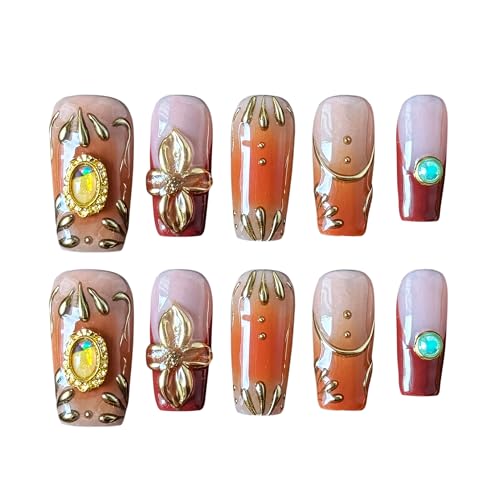 10PCS Autumn Majesty Acrylic UV Gel Press on Nails - 25mm Warm Brown Amber Burgundy Nails with Vintage Gold Details & Gemstone Charms, Luxury Reusable Fake Nails for Women (Multicolor, M)