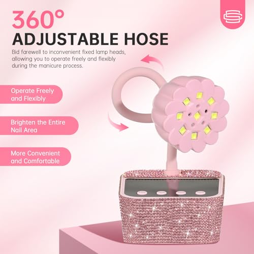 UV Nail Lamp, Mini UV Light for Gel Nails Polish, Rechargeable Nail Dryer with 4 Timers, Quick Drying Cordless Goosenecks Home Nail Salon DIY Manicure Pink Diamond