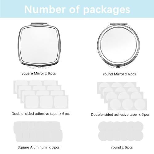 12 Sets Sublimation Blanks Compact Mirror Bulk,Double Sided Folding Pocket Makeup Mirror, Round/Square Handheld Mirrors for Purse, DIY Heat Transfer Crafts Supplies