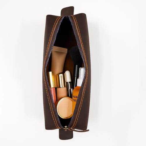 Genuine Leather Toiletry Bag for Men & Women ? Travel Bathroom Organizer Kit, Makeup & Cosmetic Pouch, Compact Dopp Kit with Heavy-Duty Zipper, Handmade Dark Brown Travel Case
