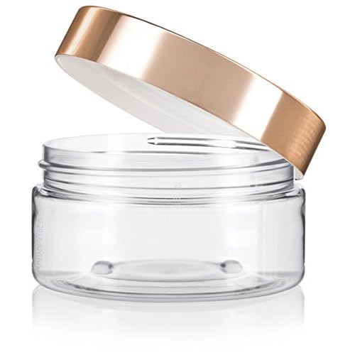 (6 Pack) 8 oz Clear Plastic Low Profile Wide Mouth Jar with Gold Metal Overshell Lid Refillable Empty Storage Containers