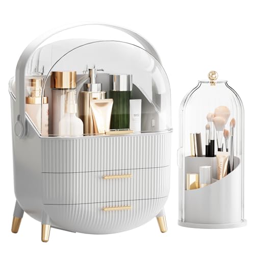 Makeup Organizers Countertop, Makeup organization for Vanity, Cosmetic Storage with Lid and Drawers, Skincare Display Cases with for Desktop, Bathroom (White)