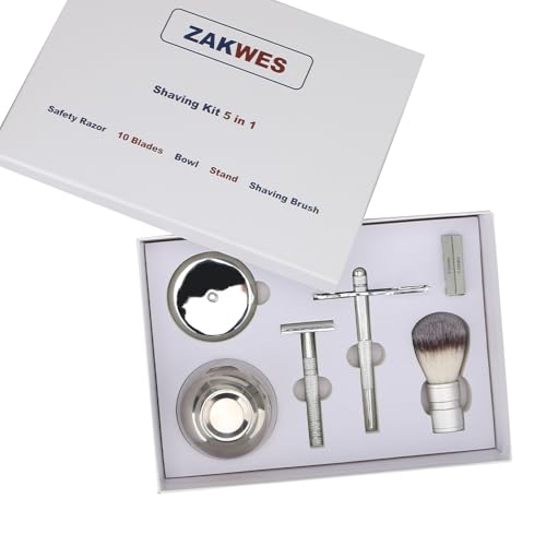 Men's Shaving & Grooming Set, Double Edge Safety Razor, Shaving Brush, Razor & Brush Stand,10 Blades, Shaving Bowl, Valentine Gift For Men, Gift for Fathers/Dads (Silver)