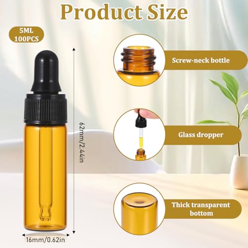 5ml Glass Dropper Bottles, 100 Pcs Amber Bottles with Black Caps, Leakproof Essential Oil Containers for DIY Perfume, Travel Liquids, Aromatherapy, Lab Sample & Hair Oil Storage