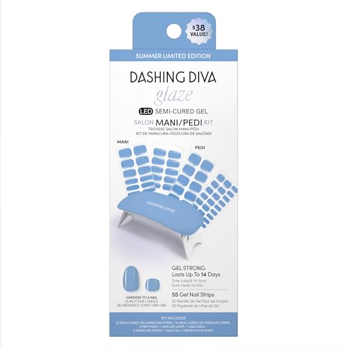 Dashing Diva Glaze Mani Pedi Kit? - The Bitesize Blue Glaze - Comes with LED Nail Lamp - Long Lasting, Semicured Gel Nail Strips for Toes & Hands
