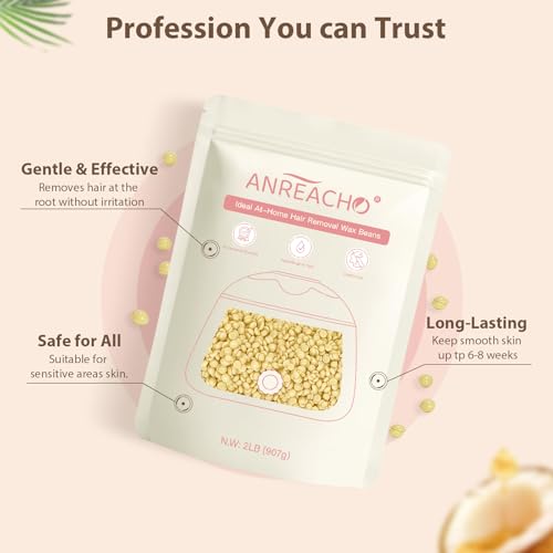 Hard Wax Beads for Hair Removal, 2lb Waxing Beans for Coarse Hair, Home Wax Refill Bag for Brazilian, Bikini, Face, Underarms with 10 Wax Spatulas