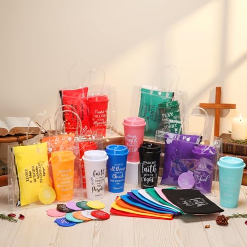 Patelai 80 Pcs 20 Sets Christian Gift Bulk for Women Scripture 16 oz Bible Verse Tumblers Makeup Bags Compact Mirrors Clear Gift Bags for Volunteer Ministry Religious Church Easter Party Favors