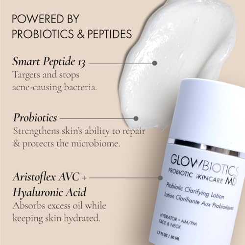 Glowbiotics Probiotic Clarifying Lotion | Oil Control Moisturizer for Oily, Acne Prone & Combination Skin | Reduces Shine & Soothes Redness with Hyaluronic Acid & Smart Peptides | 1.7 fl oz