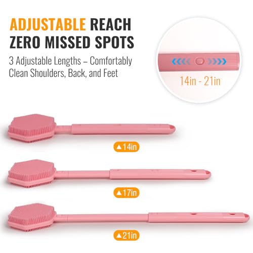 Silicone Back Scrubber for Shower ? 21in Extendable Shower Brush with Long Handle ? Dual-Sided Back Brush with Non-Slip Grip, Gentle Cleansing & Exfoliation for Men, Women, Elderly (Pink)