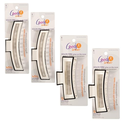 Goody Sport Forever SlideProof Rectangle Claw Clips - 4 Ct (2 Large for Thick Hair + 2 for Fine Hair), 3X Stronger, Sport-Level Grip for Workout