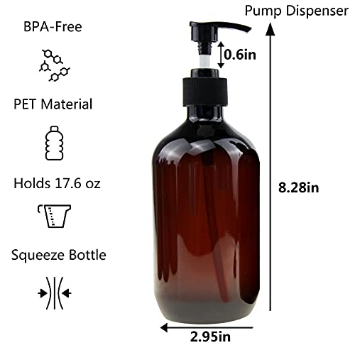Empty Plastic Bottles with Pump Dispenser and Labels Included, Refillable Travel Containers for Hand sanitizer Shampoo Lotion, etc - No BPA/Parabenf, 500ml/16.9oz (Amber, 6 Pack)