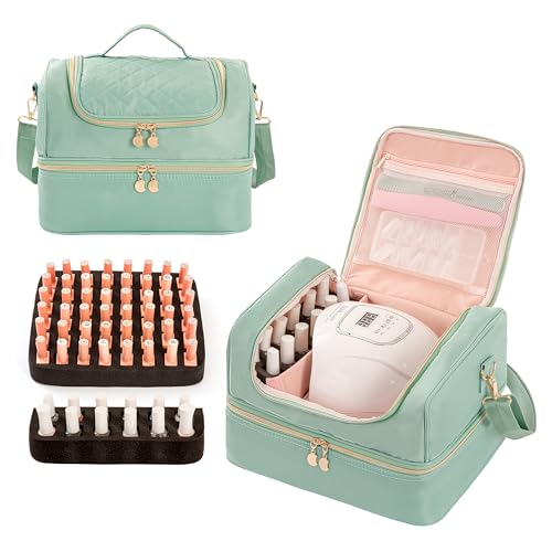 Nail Polish Organizer Case, Nail Supplies Storage Holds 60 Bottles Nail Polish & Nail Lamp Gel Nail Travel Carrying Bag for Nail Kit (Green)