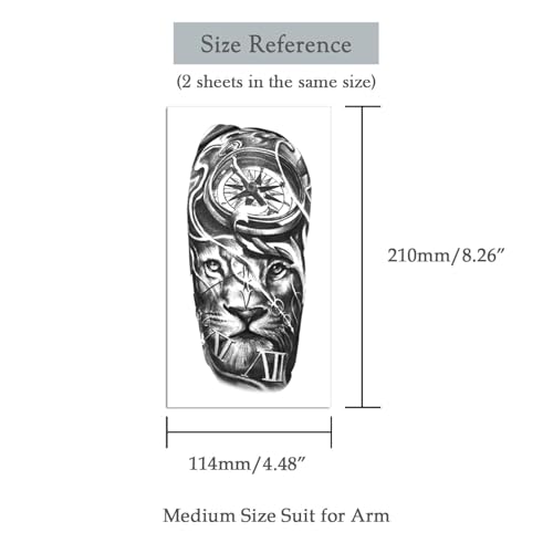 2 Sheets Realistic Animal Temporary Tattoos Stickers Gray Compass Lion Designs For Men Waterproof Arm Leg Fake Body Art, Gym & Parties Bold Masculine Decals