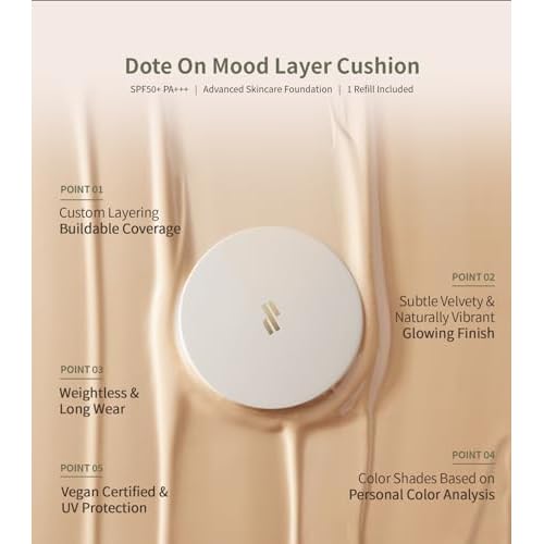 Heart Percent Dote on Mood Layer Cushion SPF 50+/PA+++ with Refill, Satin Glow Silky Flawless Finish Full Coverage Advanced Skincare Foundation (#21Y)