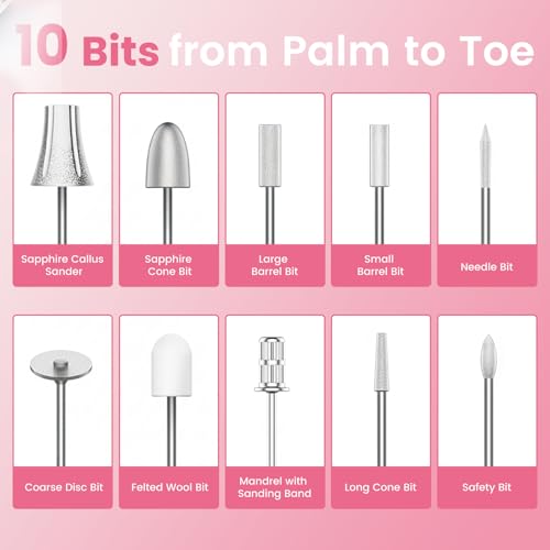 Nail Drill Kit,White Cordless Electric Nail File with 10 Speed,10 Bits and LED Light,for Acrylic Nails,Gel Polish Removal and Thick Toenails,Easy for Beginners