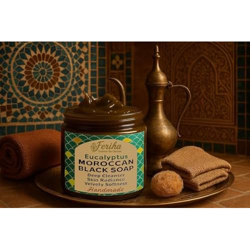 FERIHA Moroccan Black Soap Hammam with Eucalyptus ? Exfoliating Beldi Spa Paste, Natural Olive Cleanser, Body Scrub & Deep Skin Cleanser ? 7oz (Made in Morocco)