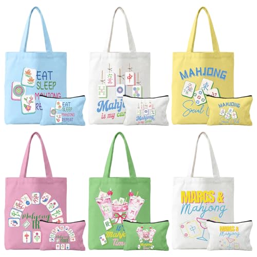 Tallew 12 Pcs Mahjong Canvas Tote Bags Bulk and Makeup Pouches Gifts Set for Women Grocery Bags with Handles Zippered Cosmetic Pouch for Mahjong Lover Player Friend Mom Grandma Lucky Birthday Gift