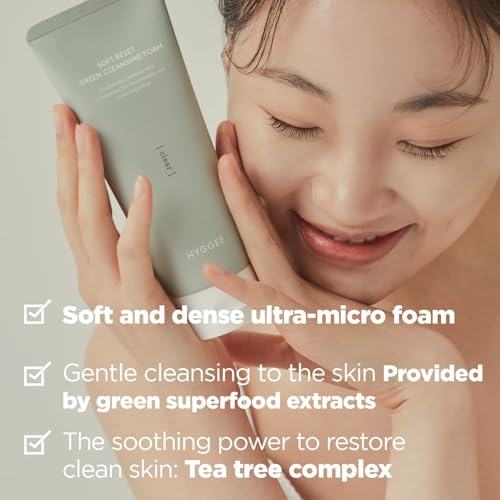 HYGGEE Soft Reset Green Cleansing Foam - Gentle Face Wash with Tea Tree Extract, Ultra Micro Bubbles Mild Facial Cleanser for Sensitive Skin - Soothes & Moisturizes Irritated, 5.07oz.