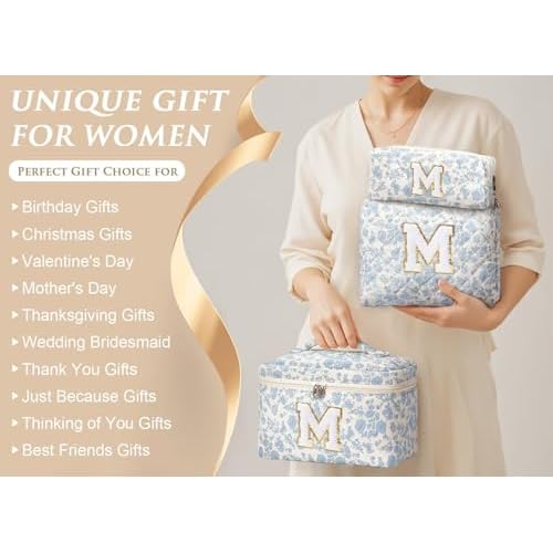 Birthday Gifts for Teen Girl Women, Personalized Initial Makeup Bag Quilted Cosmetic Bag Make Up Bags Travel Toiletry Bags Teen Girl Gifts Trendy Stuff Mothers Day Gift for Wife Mom Daughter Friends