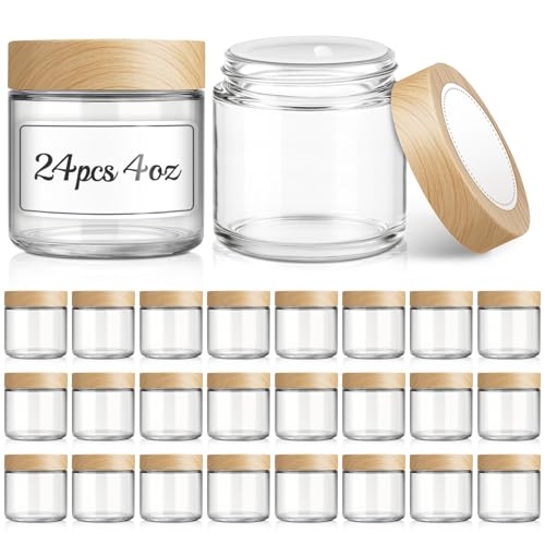 24Pcs 4 oz Small Glass Jars with Lids, Bumobum Clear Cosmetic Jars with Plastic Woodgrain Lids, 120ml Refillable Empty Containers for Cream, Salve, Powders and Lotion Storage