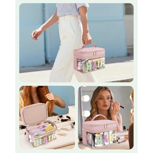 Fasrom Double Layer Hair Accessories Organizer, Preppy Patch Makeup Bag with HAIR Chenille Letter, Portable Travel Cosmetic Pouch Clear Toiletry Case for Women Girl, Pink(Bag Only, Patent Design)