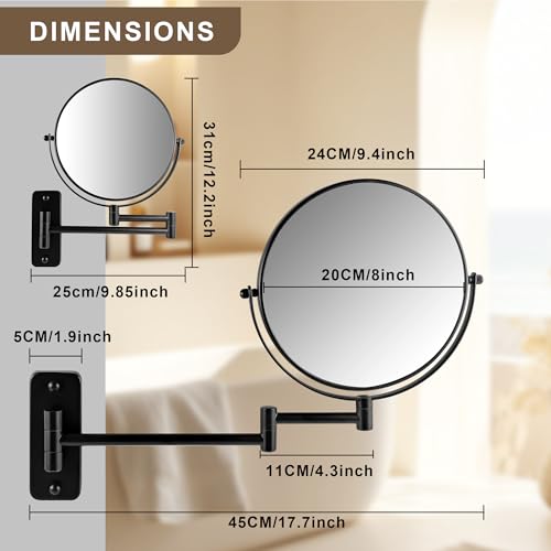 JANEEVA 8" Wall Mounted Makeup Mirror, 1X/10X Magnifying Mirror with 360¡Æ Extendable Arm, Double Sided Bathroom Vanity Mirror for Man & Woman (Matte Black)