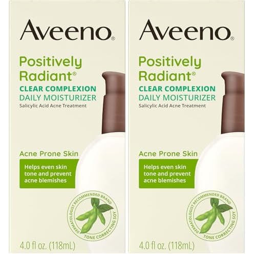 Aveeno Positively Radiant Clear Complexion & Acne Facial Moisturizer with Soy and Salicylic Acid for Oily Skin, Hypoallergenic Formula, Paraben-Free, Non-Comedogenic, Pump, 4 FL OZ, (Pack of 2)