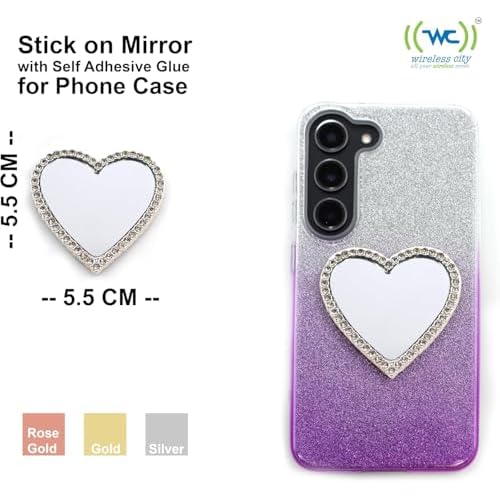 Wireless City Heart Phone Mirror Stick-On (2 Pack), Silver & Gold Diamond Bling Makeup Mirrors, 5.5cm Ideal for Makeup and Women¡¯s Touch-Ups