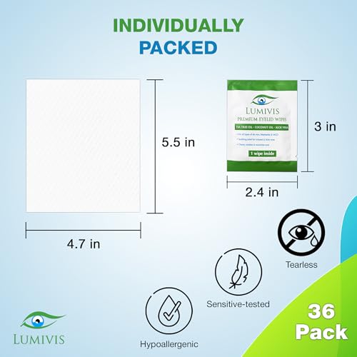 Tea Tree Oil Eyelid Wipes ? 36 Individually Wrapped Pads for Daily Eye Cleansing, Makeup Removal & Eyelid Hygiene ? Gentle, Soothing, Natural Formula