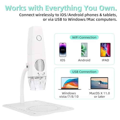 At-Home Skin & Scalp Analyzer - 2MP 1000X Wireless HD Microscope to Inspect Pores, Wrinkles & Hair Follicles, Connect to Your Phone or PC, Personal Beauty Magnifier for Home & Salon Use
