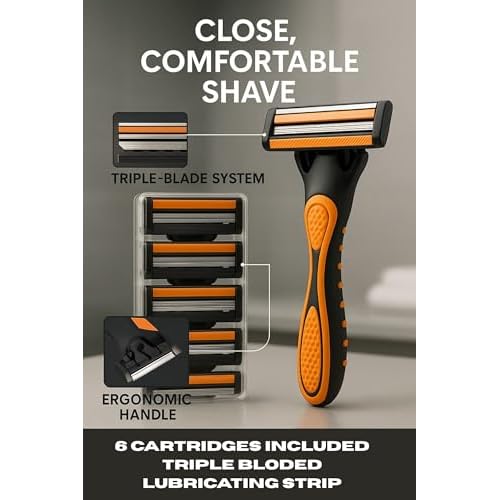 Triple Blade Razor for Men ? Lubricating Strip Shaving System with Anti-Slip Handle & 6 Replacement Cartridges ? Smooth & Comfortable Shave