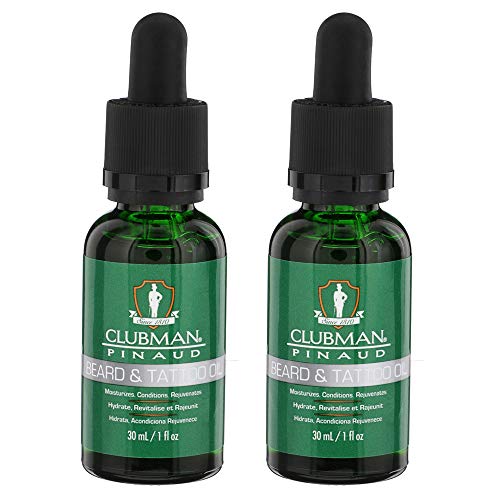 Clubman Pinaud Beard Tattoo Oil ? Hydrating Tattoo Oil for Beard, Skin, and Tattoos, Moisturizes & Rejuvenates Facial Hair and Skin, 1 fl. oz, 2 Pack