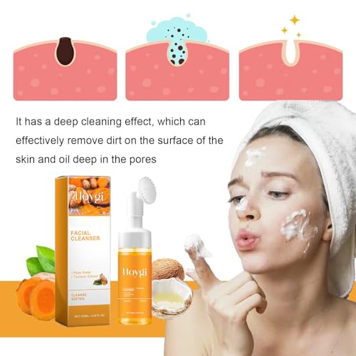 Turmeric Face Wash with Brush, Turmeric Foaming Facial Cleanser for All Skin Types, 3.38 Fl Oz/pcs, 2 Pack