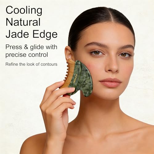 Lymphatic Contour Face Brush, Dual-Ended Dry Brush + Cool-Touch Jade Gua Sha Edge, 0.075mm Ultra-Soft Bristles Gua Sha Facial Tools, for Lymphatic Drainage, Less Puffy Look, Sculpt & Relax