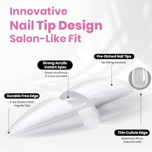 Beetles Tipex Lite Pre-Built Apex Nail Tips, Almond Medium,16 Sizes | 00-14, Flat-Nail Friendly Acrylic Tips for Natural Nail Beds, Easy for Beginner DIY