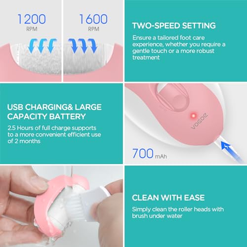 Electric Callus Remover for Feet, Rechargeable Foot File Pedicure Tools with 3 Rollers & 2 Speeds, Professional Feet Scrubber Remover Foot Care for Calluses, Cracked Dry Dead Skin CR310 Pink