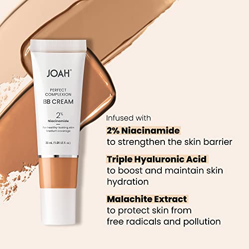 JOAH Beauty Perfect Complexion BB Cream with Hyaluronic Acid and Niaciminade,Korean Makeup with Medium Buildable Coverage,Evens Skin Tone,Lightweight,Semi Matte Finish,Tan with Neutral Undertones